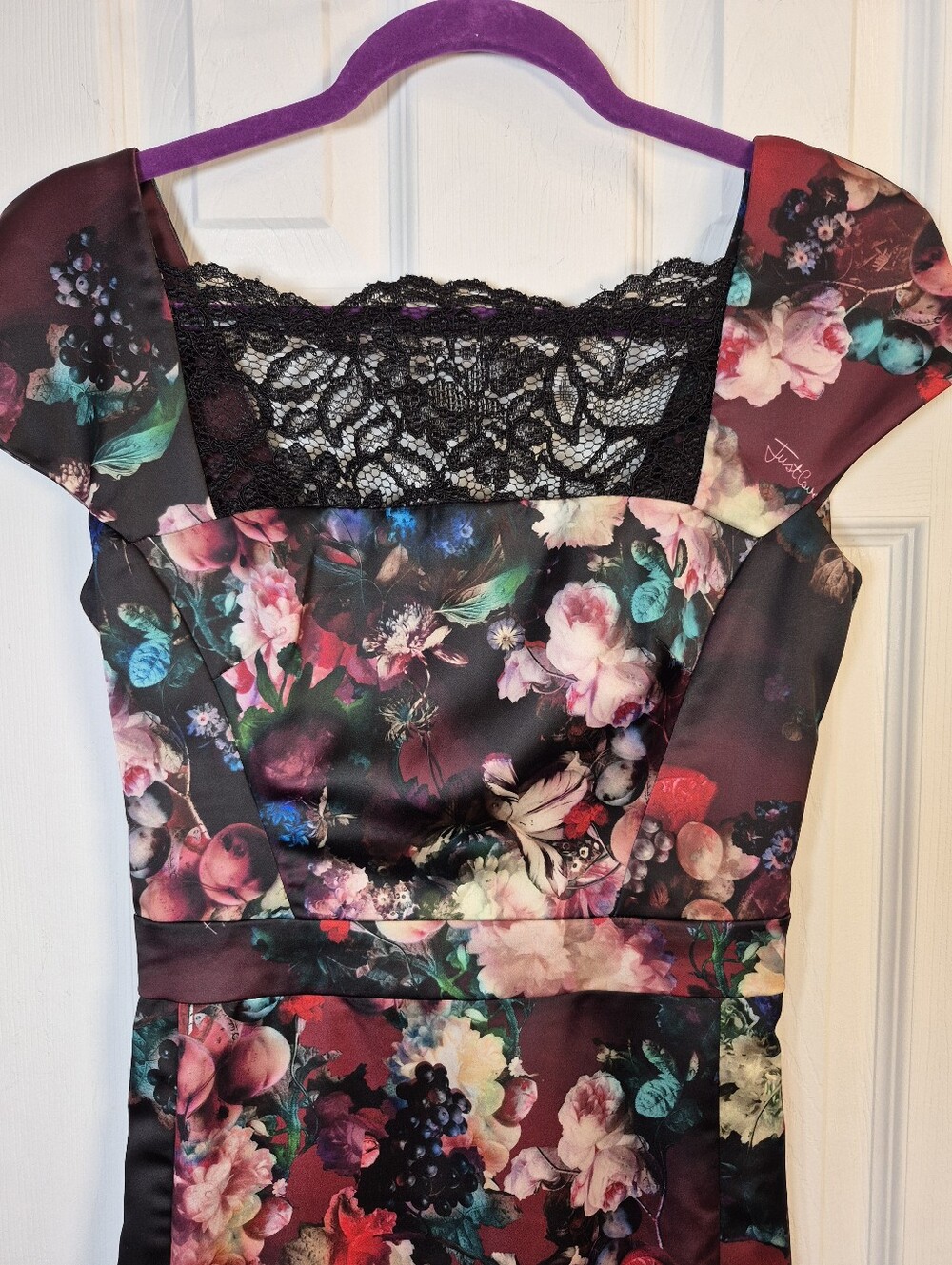 Just Cavalli Floral Satin Lace Cap Sleeve Sheath Dress IT 38 US XS - Picture 4 of 10